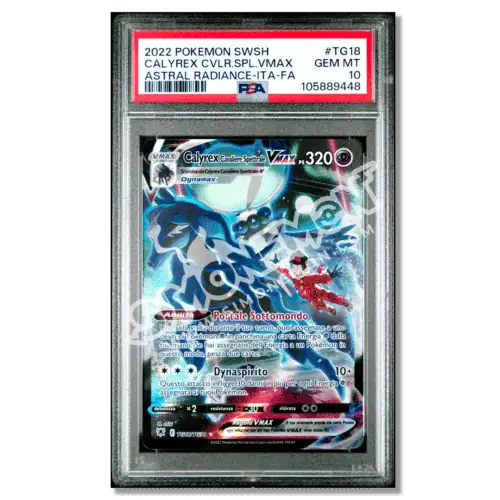 Carta Pokémon Calyrex VMAX 2022 in confezione di sicurezza.