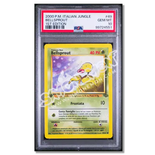 Carta Pokémon Bellsprout PSA Gem MT, prima edizione, in ottime condizioni.