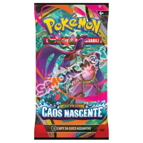 Bustina Pokémon Caos Nascente con carte aggiuntive per gioco.