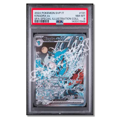 Carta Pokémon Kingdra ex 2024 con illustrazione dinamica e dettagliata.