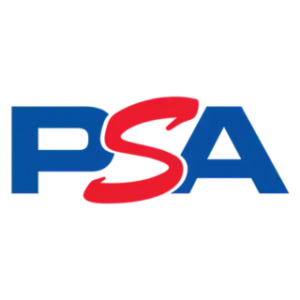 Logo PSA con lettere blu e rosse su sfondo bianco.