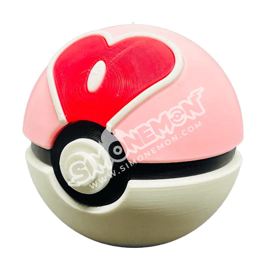 Poké Ball rosa e bianca con cuore rosso, oggetto da collezione Pokémon.