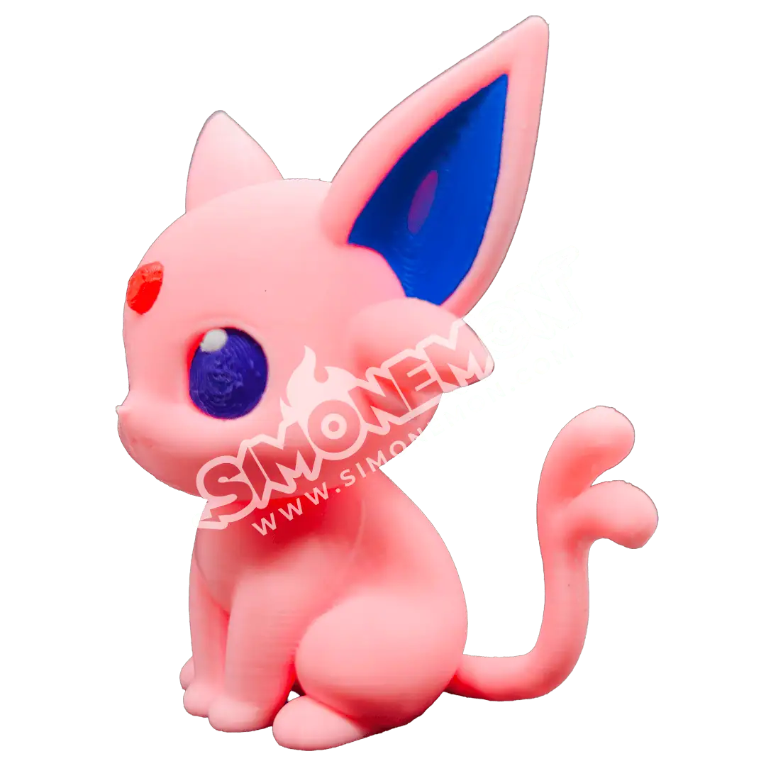 Gatto di peluche rosa con grandi occhi e orecchie blu.