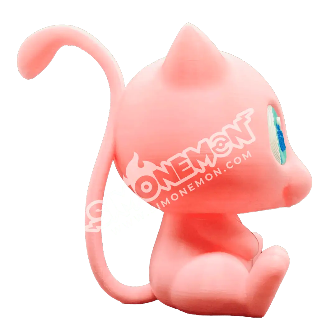 Gatto in peluche rosa con grande occhi azzurri e coda arricciata.