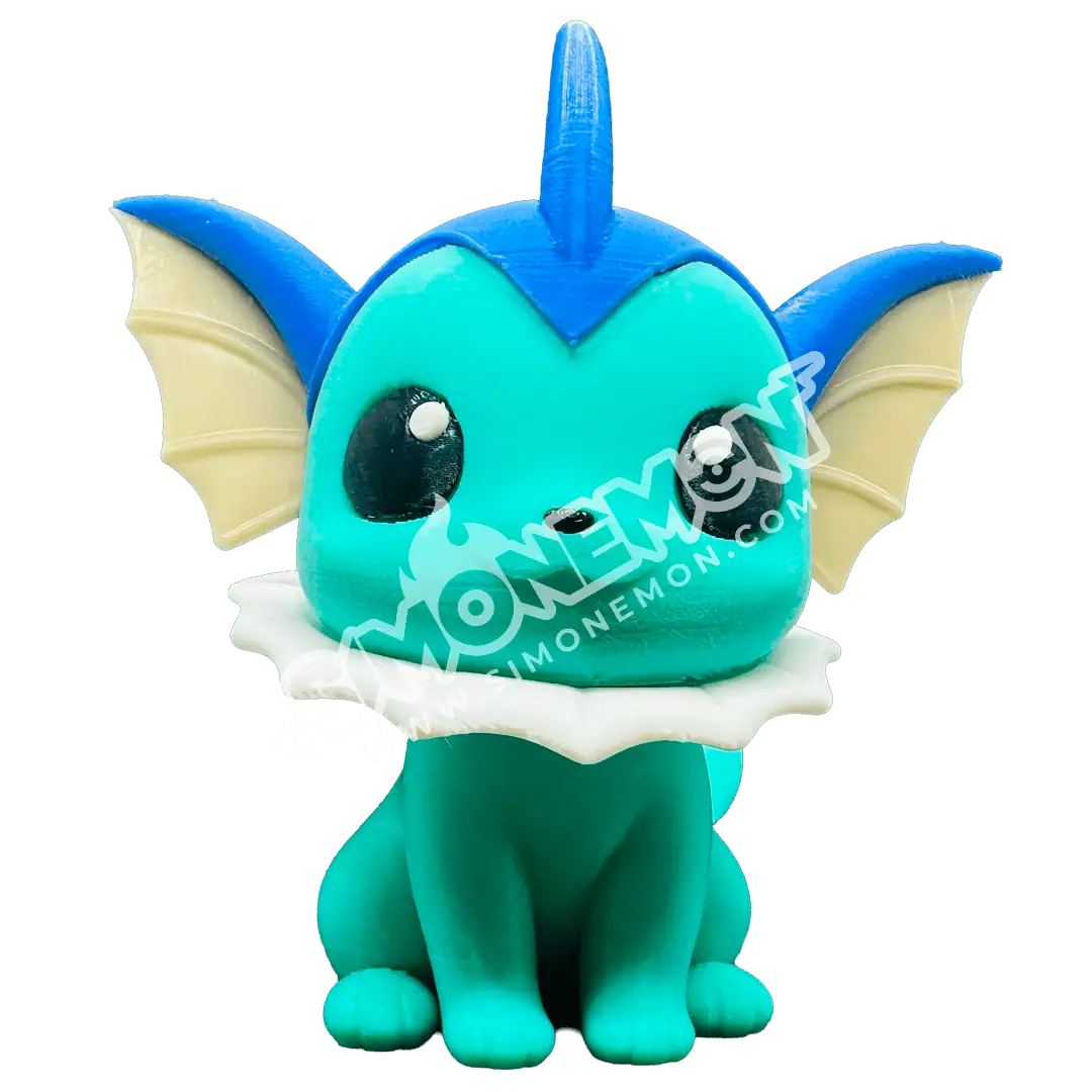 Vaporeon, Pokémon in plastilina, con grandi occhi e orecchie a forma di pinna.