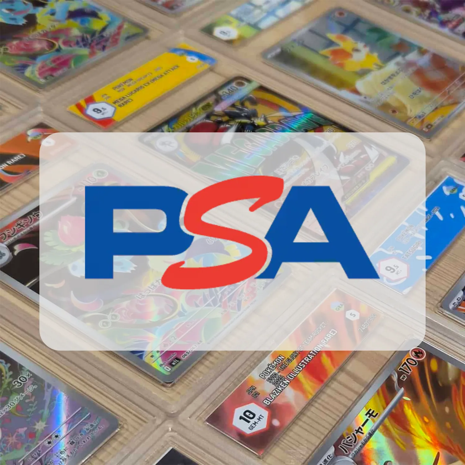 Collezione di carte PSA in esposizione, focus sul logo PSA centrale.