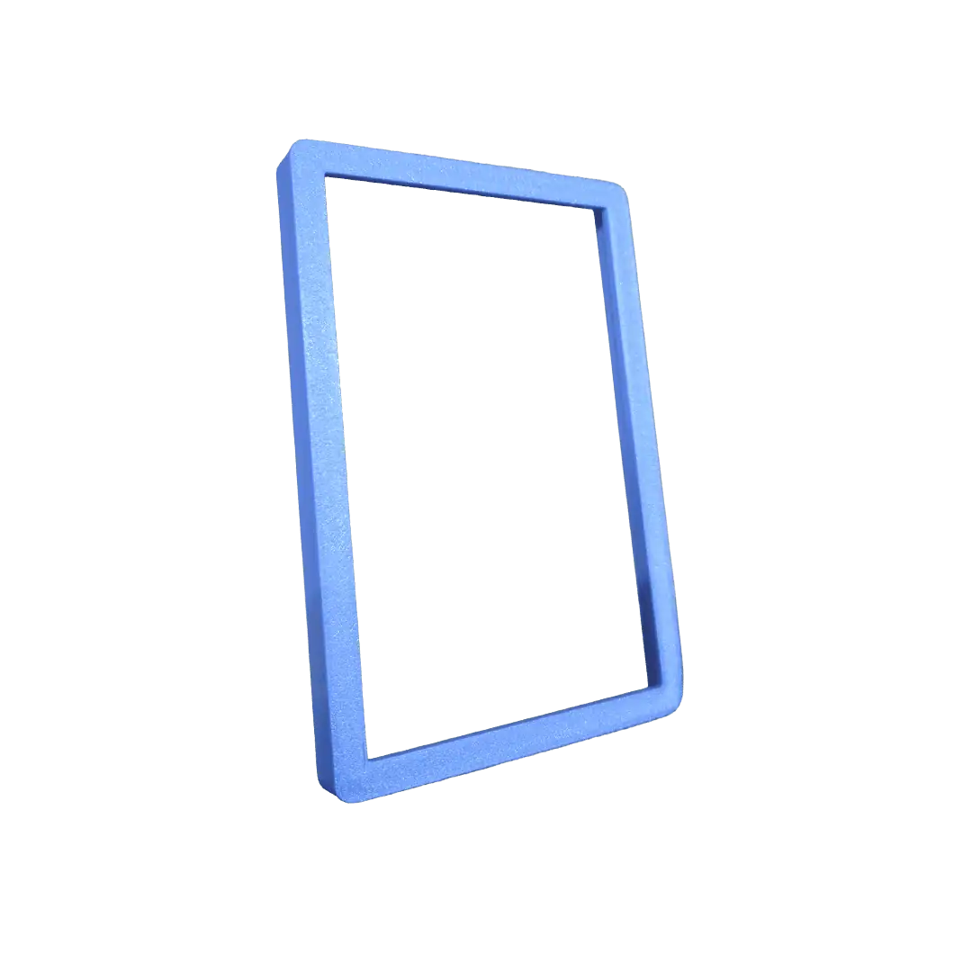 Cornice in plastica blu per decorazioni e mostre.