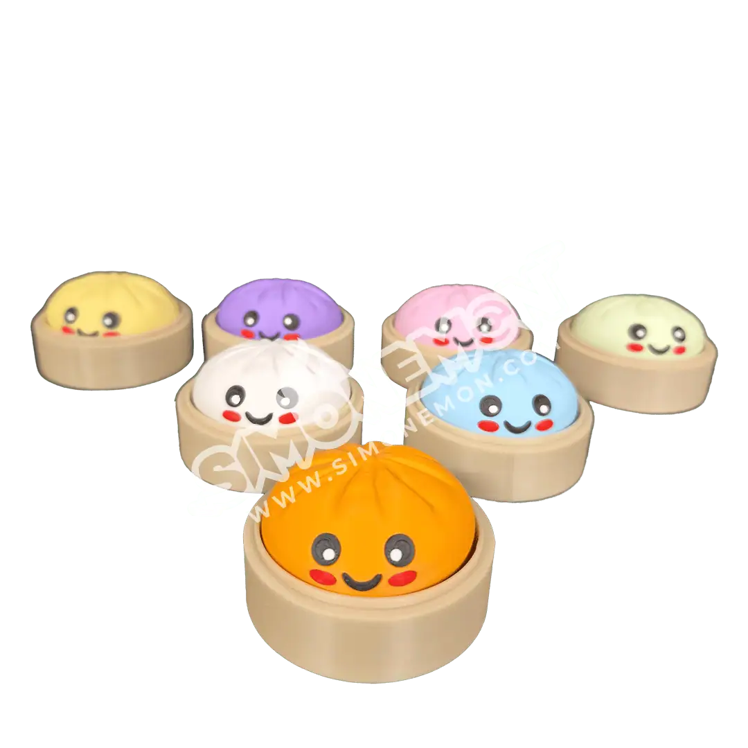 Dumplings di bambola kawaii con faccine allegre e colori vivaci.