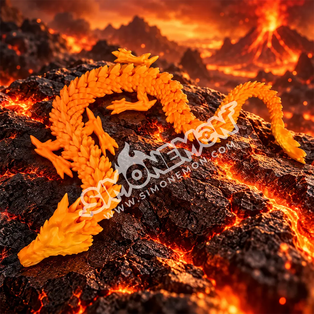 Modello di dragone di lava su terreno vulcanico in eruzione.