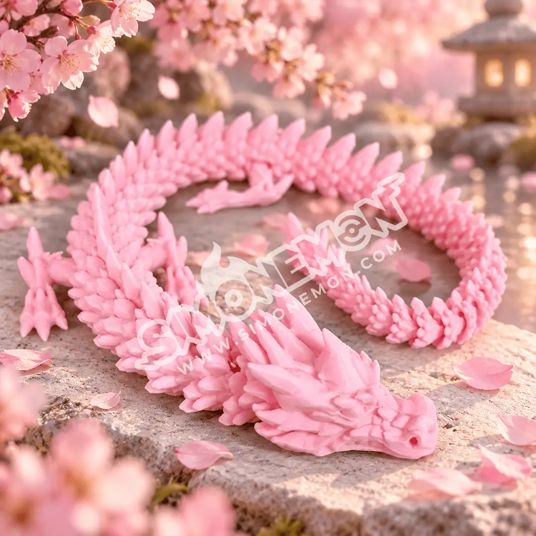 Statua di drago rosa in giardino zen con fiori di ciliegio.