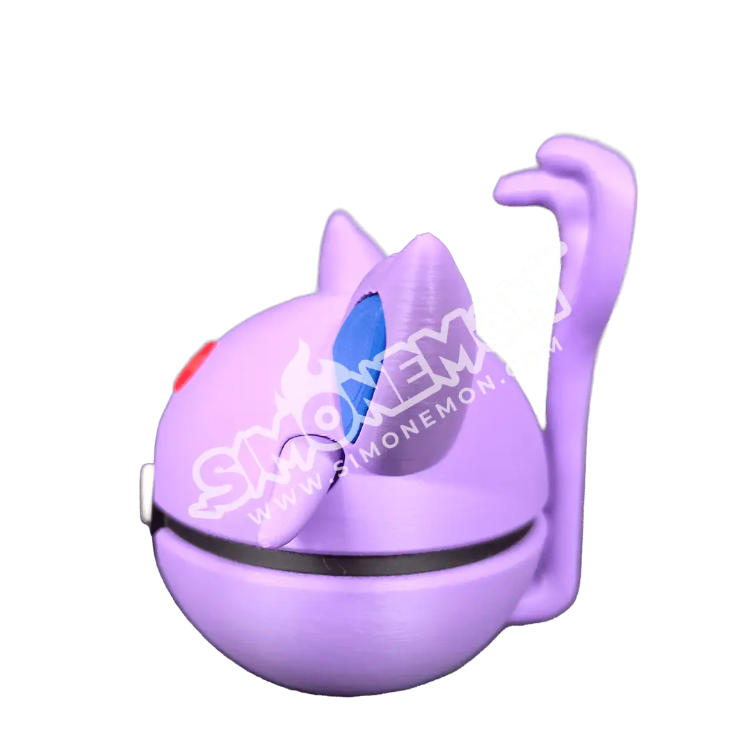 Portafortuna gatto in plastica viola con coda arcuata e occhi blu.