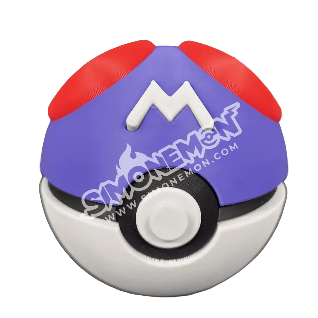 Poké Ball di Pokémon con logo M e dettagli colorati.