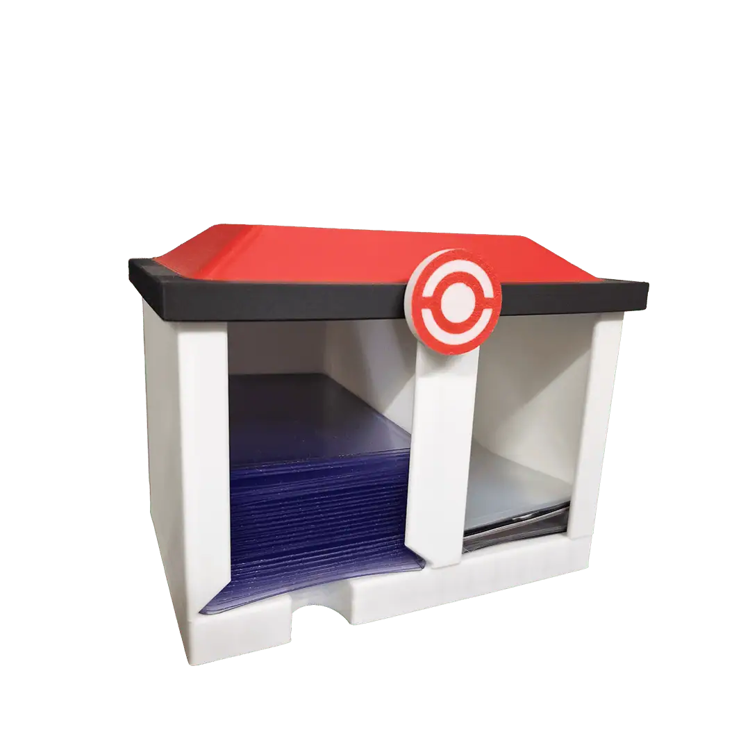 Pokémon TCG deck box with Pokémon logo and card storage compartments.