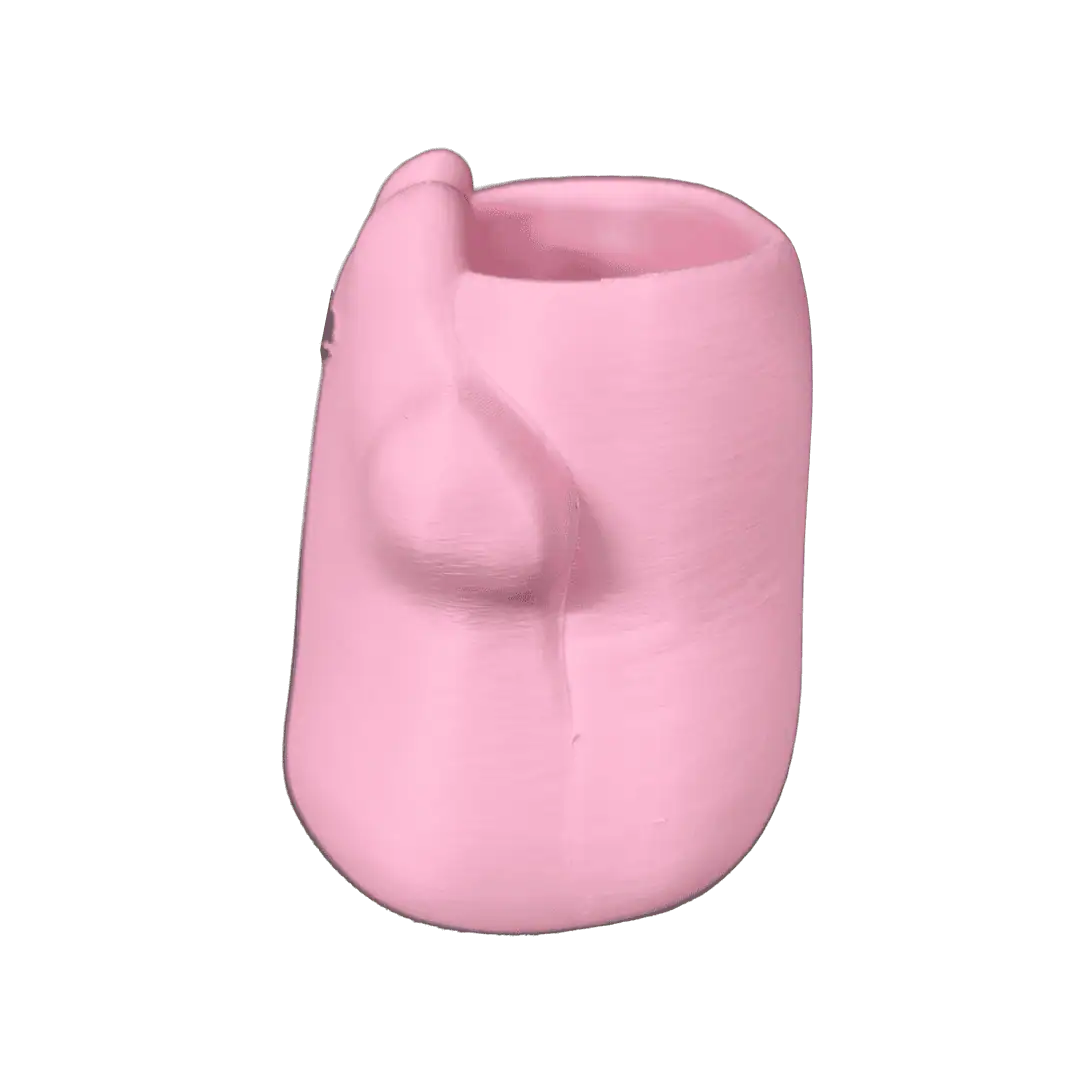 Vaso rosa con manico a forma di goccia, design moderno e originale.