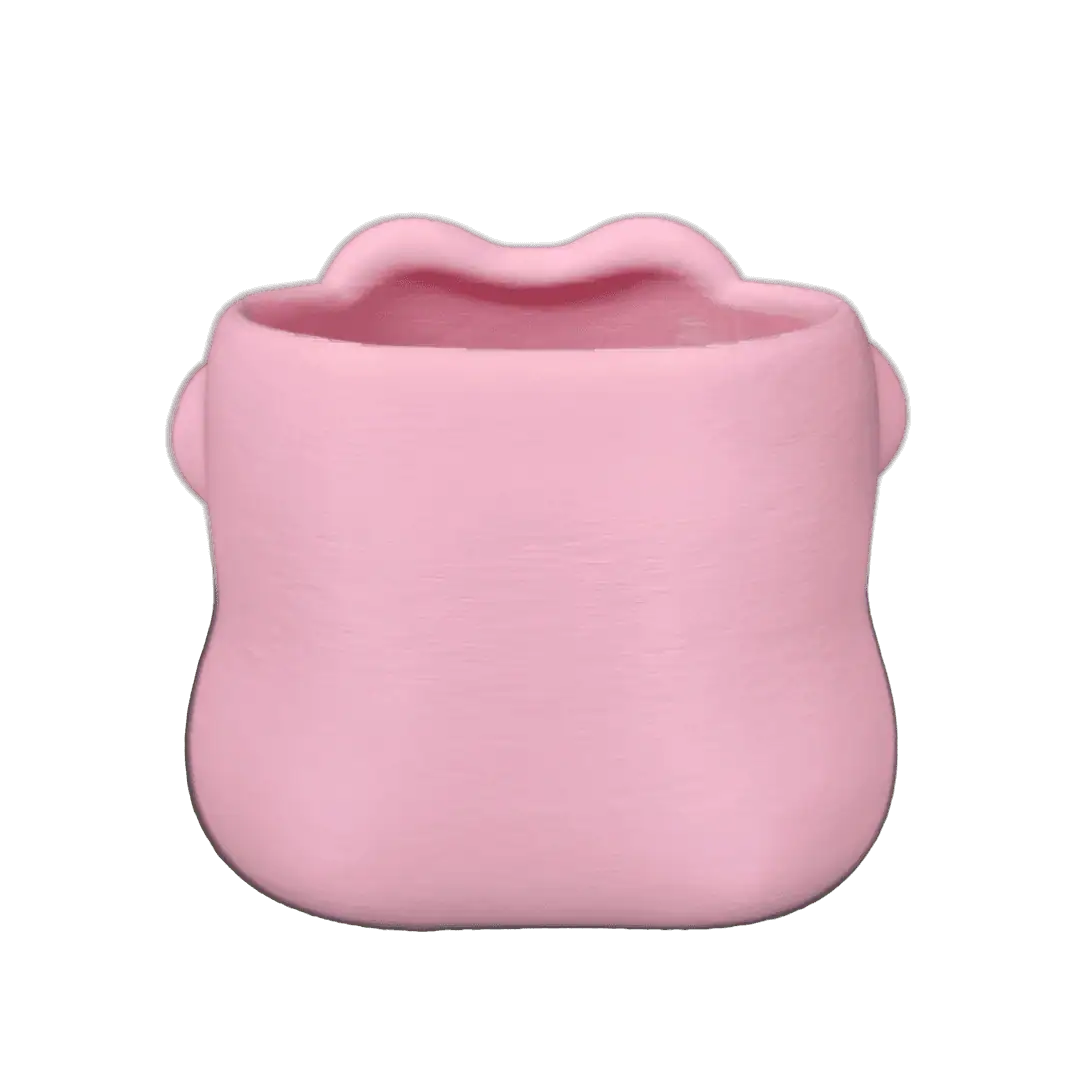 Vaso rosa in ceramica con forma di bocca sorridente.