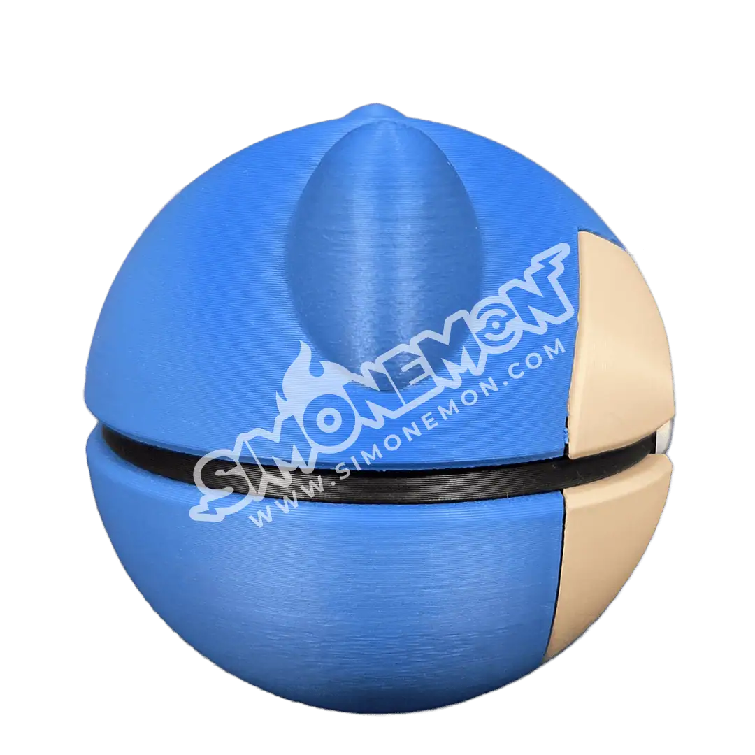 Palla da gioco in plastica blu e beige con logo Simonemon.