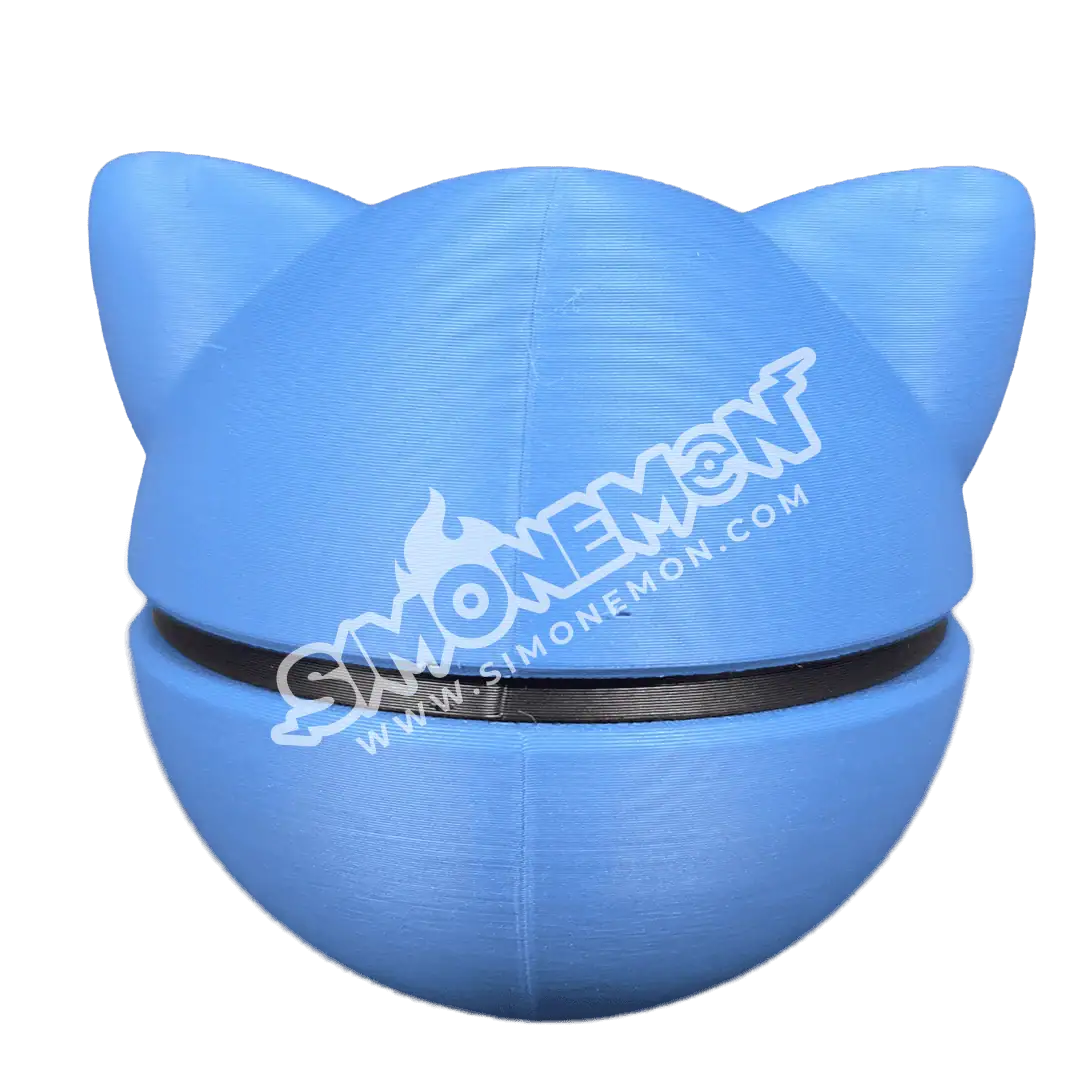 Gatto in silicone blu con orecchie e sorriso, logo SimoneMon.