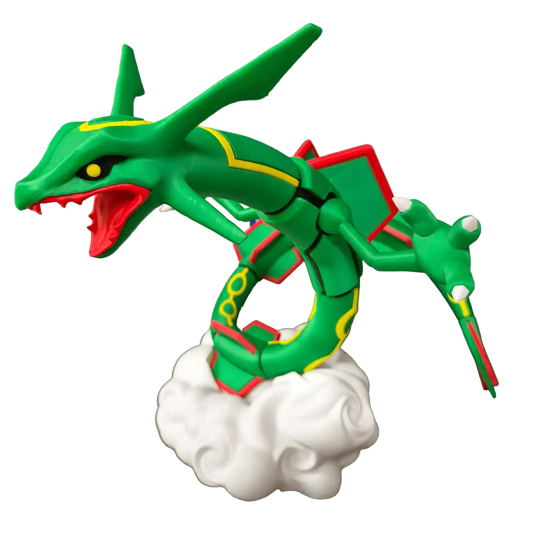 Figura di Rayquaza, Pokémon leggendario, in stile fumetto con nuvole bianche.
