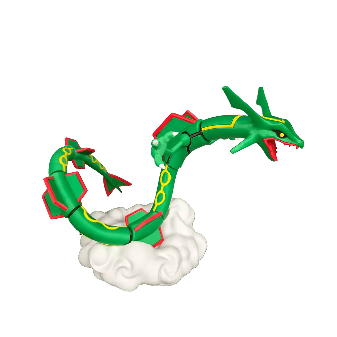 Serpente di drago verde con dettagli rossi e gialli su nuvole bianche, stile cartoon.