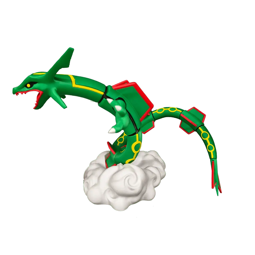 Figura di un drago verde con dettagli gialli e rossi, su una nuvola bianca.