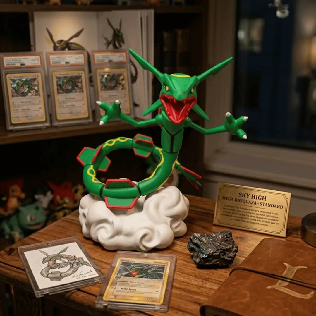 Figura di Rayquaza Mega in stile Pokémon con dettagli vivaci e dinamici.