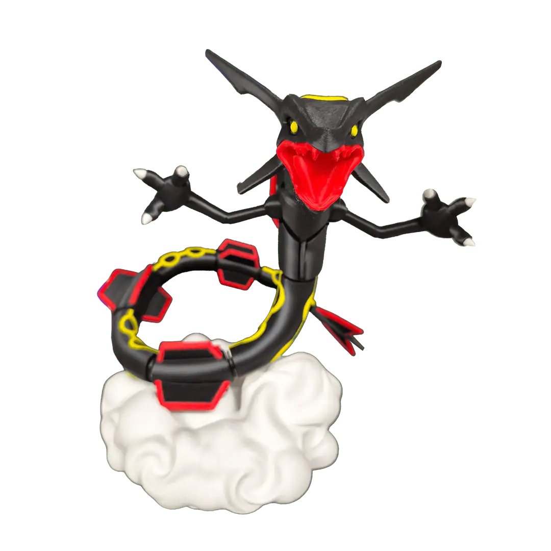 Figura di un drago nero con occhi gialli e bocca rossa, su una nuvola bianca.