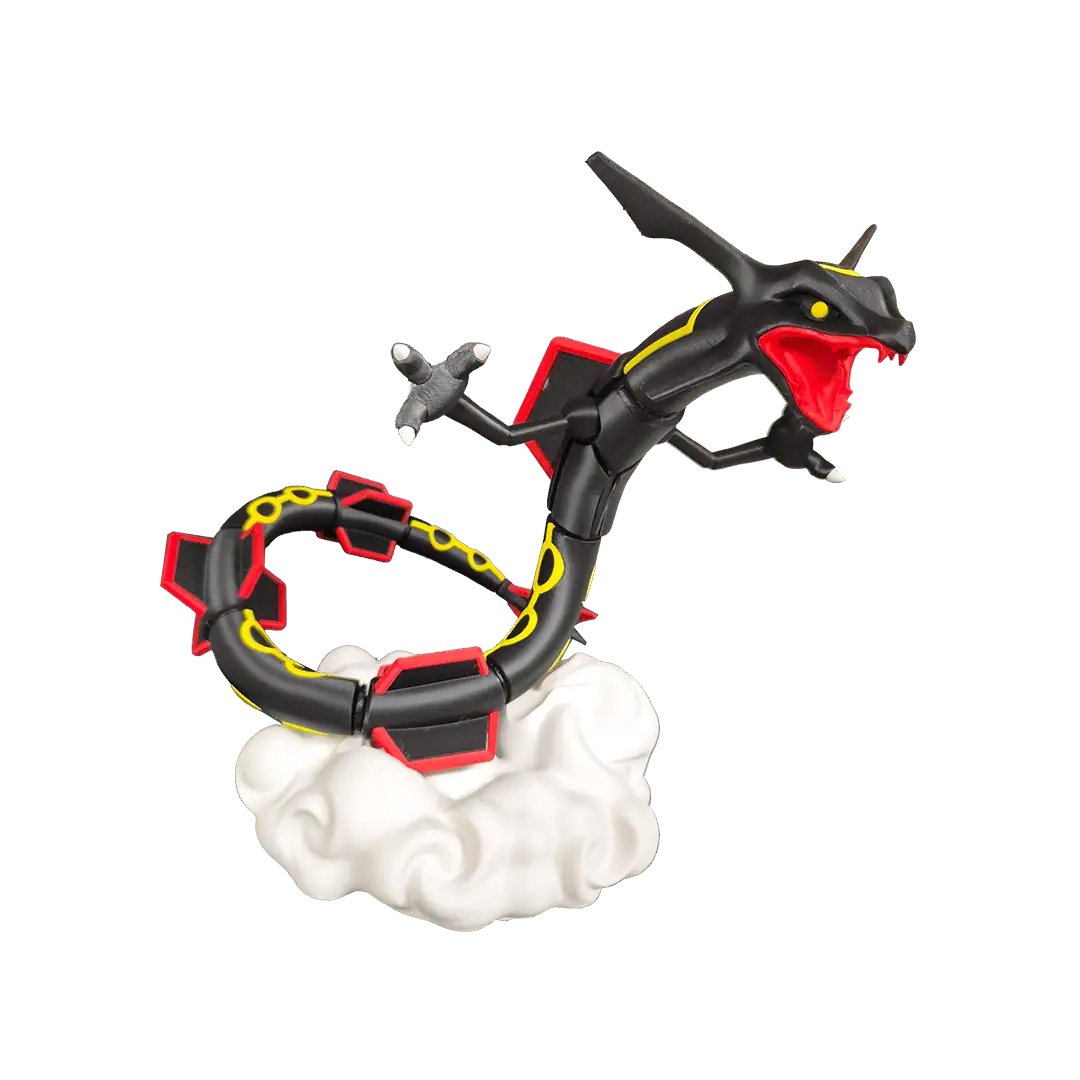 Figura di un Pokémon Dragone con design nero, rosso e giallo, su nuvole bianche.