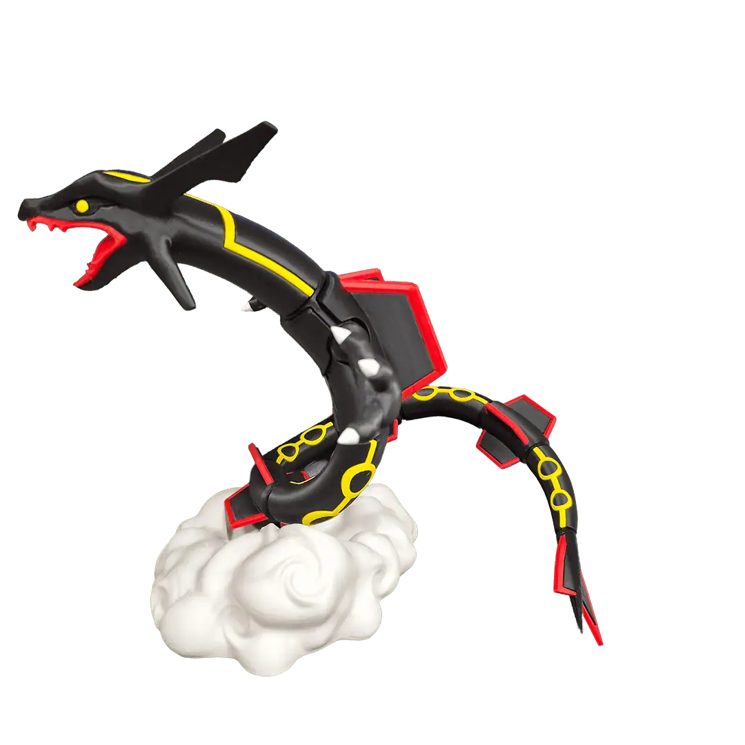 Figura di un Pokémon Dragone in forma di drago nero con dettagli gialli e rossi, su nuvola bianca.