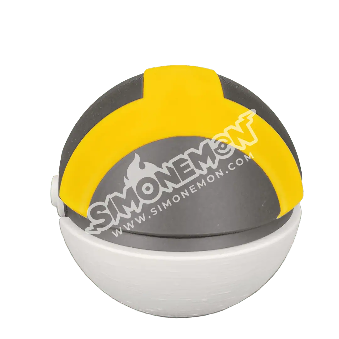 Poké Ball personalizzata con logo Simonemon e colori giallo e nero.