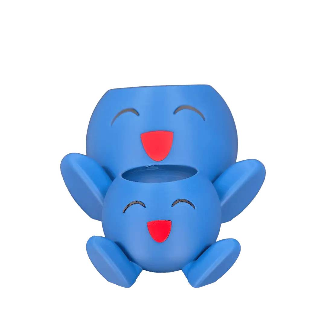 Giocattoli in plastica blu con facce sorridenti e braccia aperte.