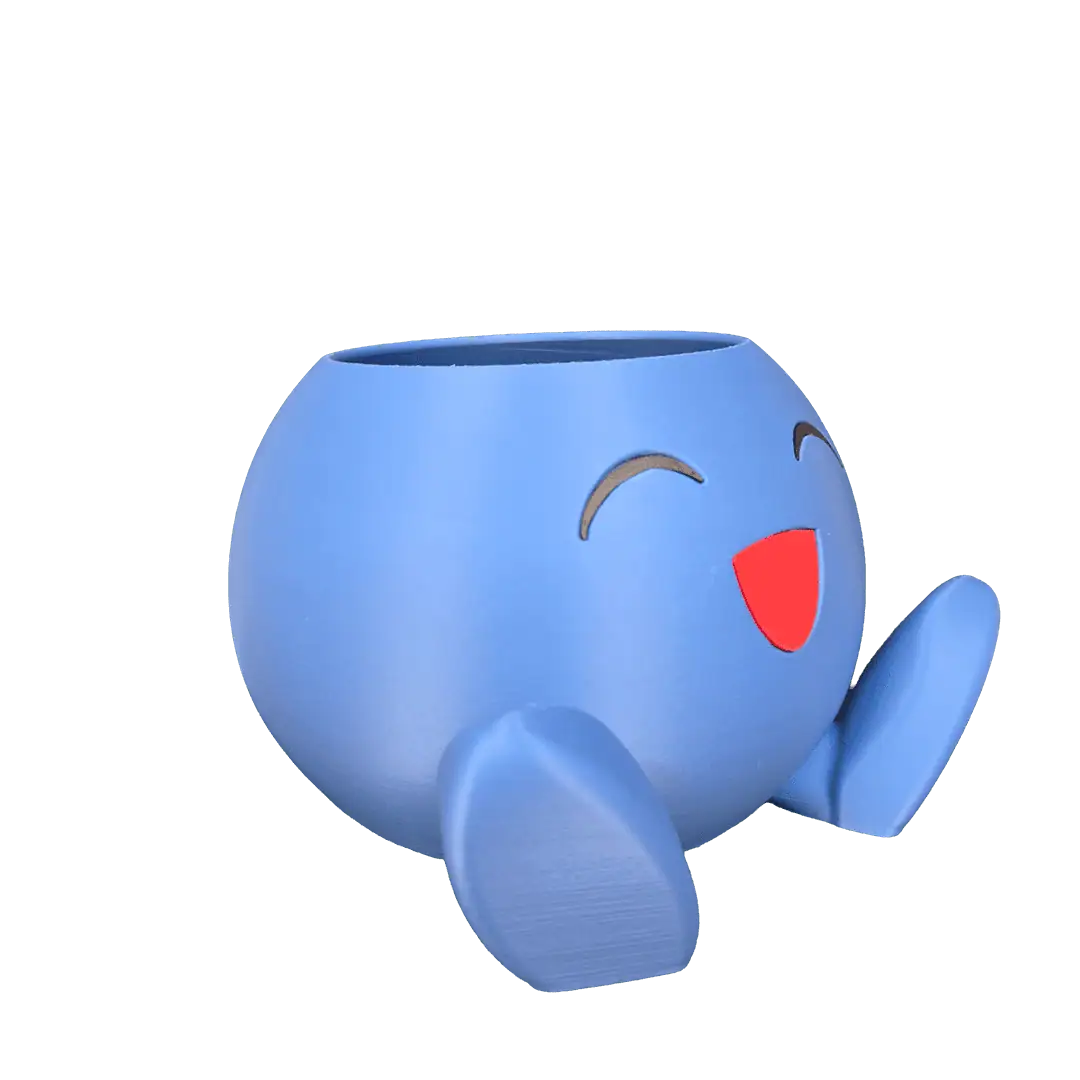 Tazza smiley blu con faccina felice e gambe.