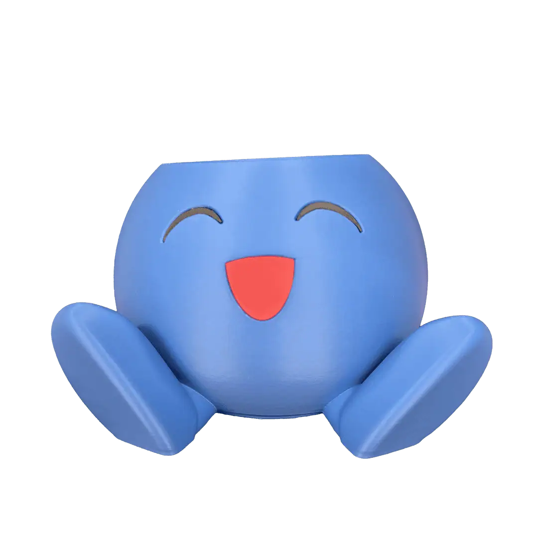 Pupazzo blu con faccina sorridente e piedi rossi, giocattolo divertente e colorato.