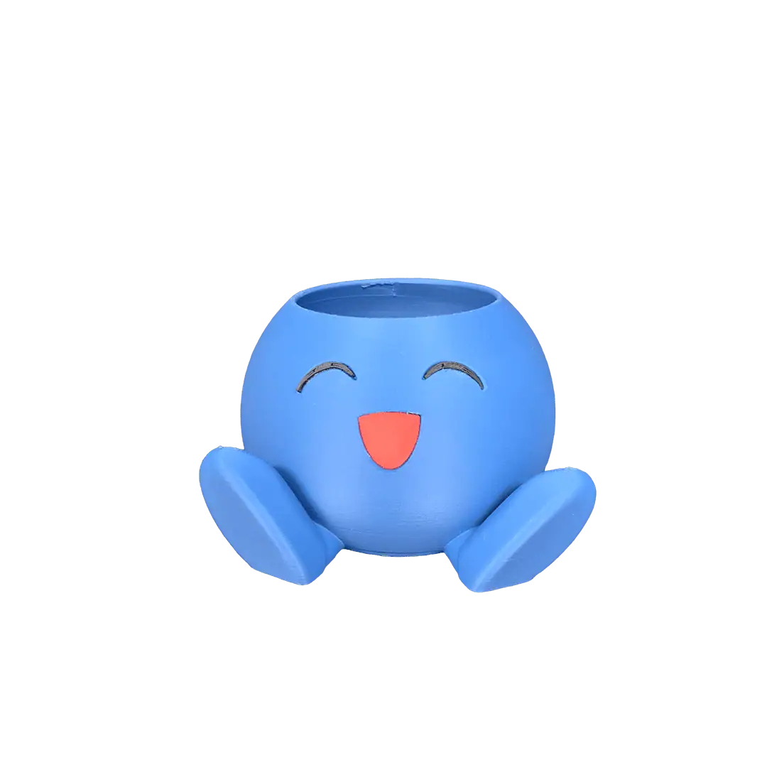 Contenitore per penne a forma di faccina felice blu con piedi.